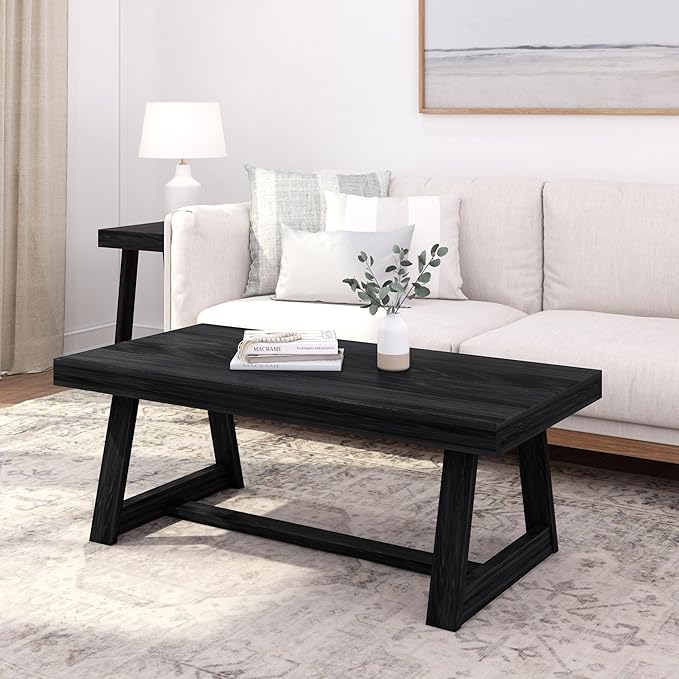 Plank+Beam Classic Rectangular Coffee Table, 48 Inch Farmhouse Coffee Table, Mini Center Tables for Small Spaces, Small Living Space Tea Table, Black Wirebrush