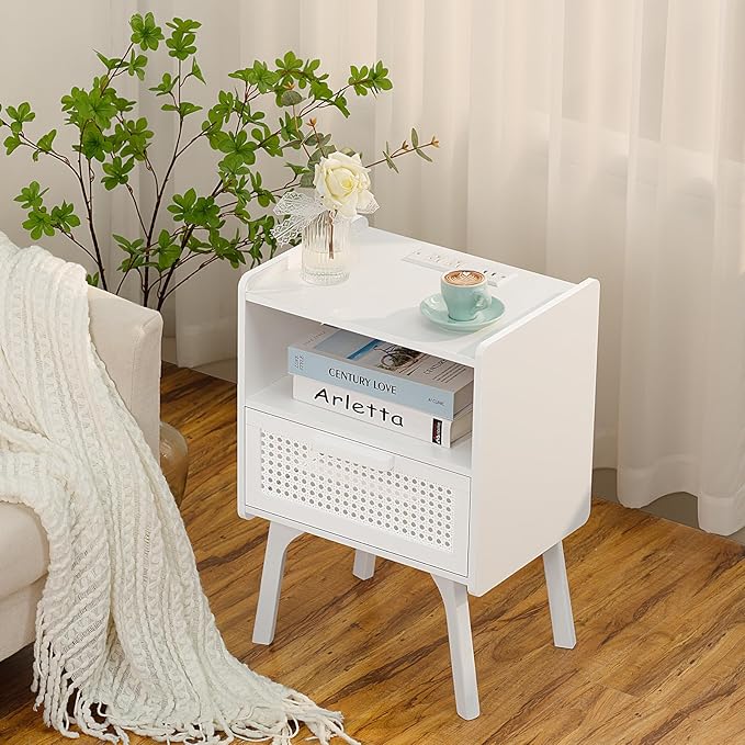 Lerliuo Rattan Nightstands set of 2 with Charging Station, Side Table with Drawer Open Shelf, Cane Accent Bedside End Table with Solid Wood Legs, Night Stand for Bedroom, Dorm and Small Spaces (White)