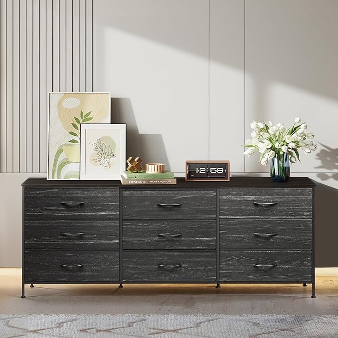 WLIVE 63''W Dresser for Bedroom, Black Dresser TV Stand for 65, 70, 75 inch TV, Wide Chest of Drawers with 9 Drawer, Large Entertainment Center, Fabric Dressers with Wood Top for Closet, Living Room