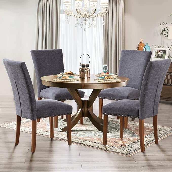 Parsons Dining Chairs Set of 2, Upholstered Nailhead Dining Room Kitchen Side Chair with Thick Cushions and Wood Legs, Dark Grey