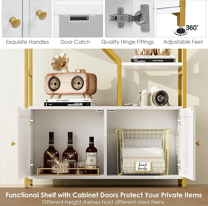 Keyluv 76" Tall Gold Bookshelf with Cabinet Storage, Multifunctional Open Display Bookcase with Door, Large Book Shelf Organizer for Living Room, Home, Office, Heavy Duty Metal & Wood, Modern White