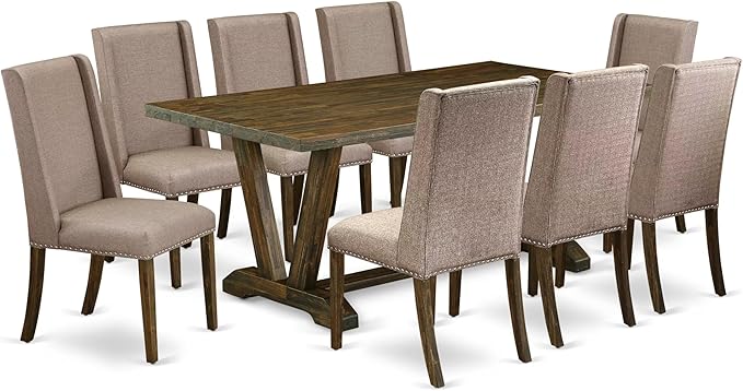 East West Furniture V777FL716-9 9 Piece Dining Table Set Includes a Rectangle Kitchen Table with V-Legs and 8 Dark Khaki Linen Fabric Upholstered Chairs, 40x72 Inch, Multi-Color