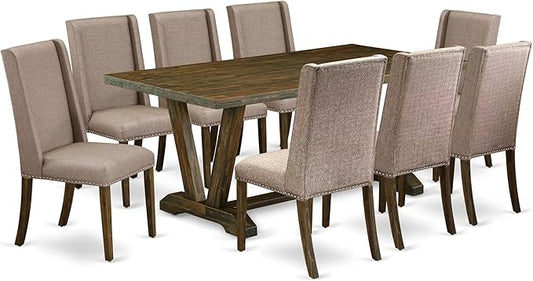 East West Furniture V777FL716-9 9 Piece Dining Table Set Includes a Rectangle Kitchen Table with V-Legs and 8 Dark Khaki Linen Fabric Upholstered Chairs, 40x72 Inch, Multi-Color