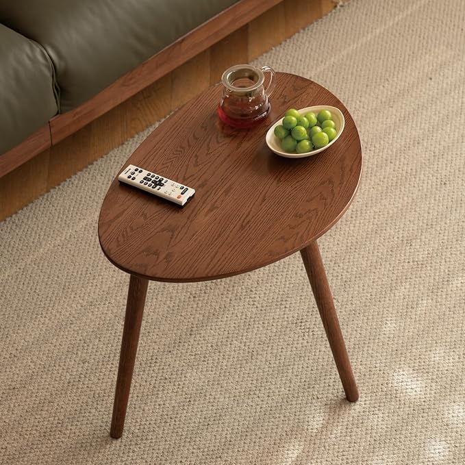 Small Oval Coffee Table, 25.6'' Small Mid Century Modern End Table for Living Room, 100% Solid Oak Wood Side Table, Minimalist Display Center Table(Walnut Color, 25.59''Wx17.51''Dx19.68''H)