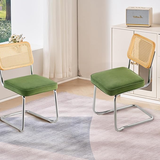 VEVOR Rattan Dining Chairs Set of 2, Mid Century Modern Dining Chair, Upholstered Velvet Accent Chair with Rattan Back, Retro Dining Room Kitchen Chair for Living Room, Bedroom (18.1 Inch)