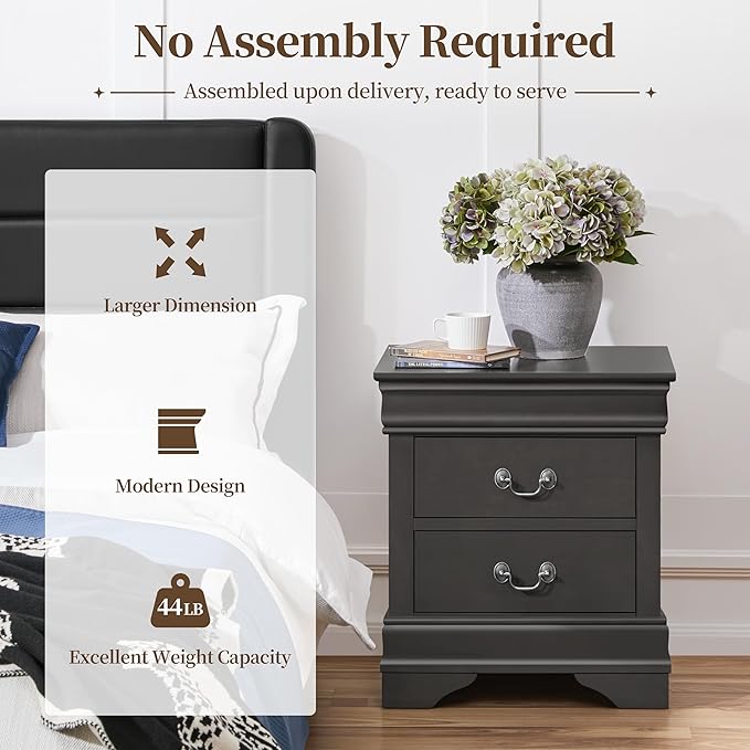 Yaheetech Fully-Assembled Nightstands Set of 2, 2-Drawer Nightstands Large Classic Bedside Tables with Storage, Wooden Painted Storage Cabinet for Bedroom, 21.5" L×16" W×24.5" H, Rustic Gray