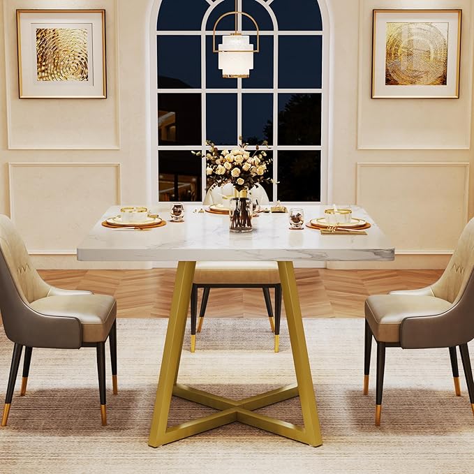 Tribesigns Square Dining Table for 6, 31.5" Modern Dinner Table with Metal Base, Kitchen Table for Dining Room, Small Space, Apartment, White & Gold