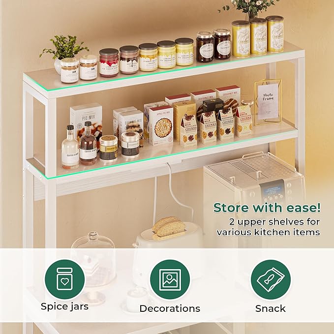 SUPERJARE Bakers Rack with Power Outlet, 35.4 Inches Coffee Bar with Wire Basket, Kitchen Microwave Stand with 6 S-Shaped Hooks, Open Storage Shelves, White