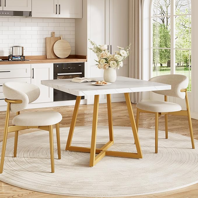 LITTLE TREE 31.5 Inches Small Dining Table for 4, Square Dinner Table for Small Space, Dining Room Tables, White Gold Wooden Kitchen Table with Metal Legs, Modern Leisure Cafe Table for Apartment