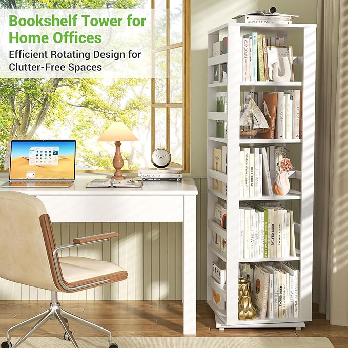 Homykic Rotating Bookshelf, Bamboo 360 Display Spinning Bookshelf Tower, 5-Tier Small Corner Bookcase for Small Spaces, Narrow Revolving Book Shelf Organizer Rack for Home Office, White