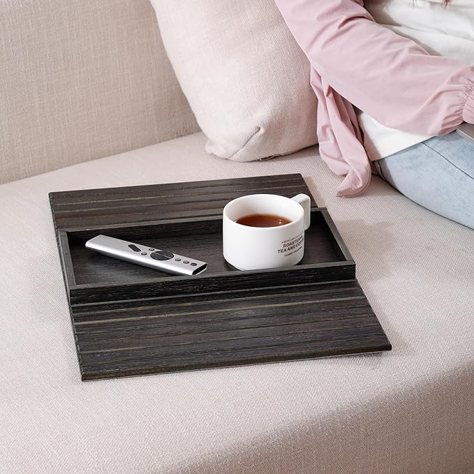 DETOR Couch Arm Tray, TV Tray with Capacious 12.4" x 5.4" Storage Box, Bamboo Grain Stained Black Color, Enhanced Nonslip Felt Bottom, Sturdy Bamboo Slats Material | for Armrests 6" and Wider