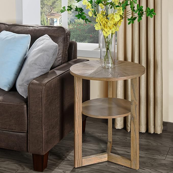 MODERION Round End Table, Farmhouse Side Table with Storage Shelf, Classic Circular Solid Wood Beside Table, 2-Tier Telephone Table, Nightstand, 24”H x 19.3”D for Living Room Rustic Natural BZ3338