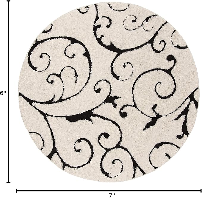 SAFAVIEH Florida Shag Collection Area Rug - 6'7" Round, Ivory & Black, Scroll Design, Non-Shedding & Easy Care, 1.2-inch Thick Ideal for High Traffic Areas in Living Room, Bedroom (SG455-1290)