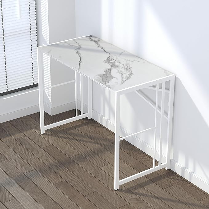 Folding Computer Desk 40 inch Writing Gaming Computer Camping Desk, No Assembly Required Home Office Table, White Marble