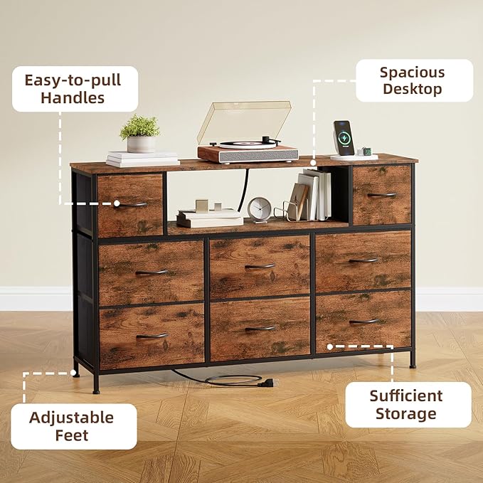 Somdot Dresser TV Stand, TV Stand Dresser for Bedroom, Fabric Storage Tower with 8 Drawers, Fabric Chest for Living Room, Hallway, Entryway, Closets,Easy Pull Handle, Wood Grain Print