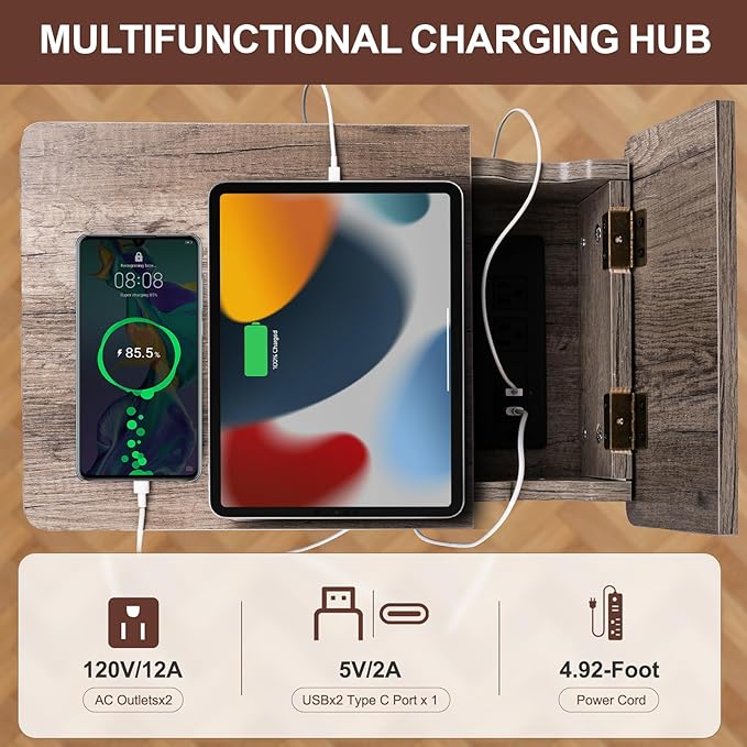 Small Gray Side Table Charging Station for Bedroom, Narrow Grey Living Room End Tables with Storage, Skinny USB Nightstand with Outlet, Gaming Coffee Table for Couch with USB Ports
