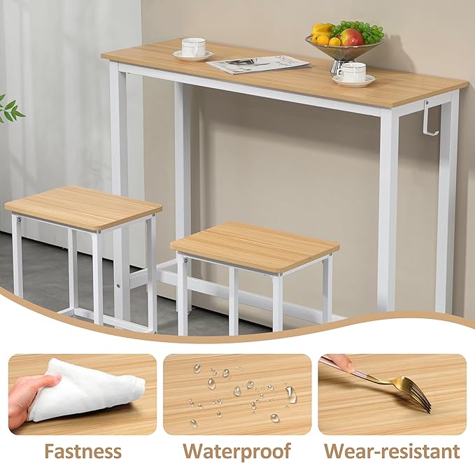 Finnhomy 47" Industrial Bar Table Set with 2 Stools - Counter Height Dining & Pub Table for Small Spaces, Kitchen, Apartment, Breakfast - Metal & Wood, Space-Saving Furniture - Oak Beige and White