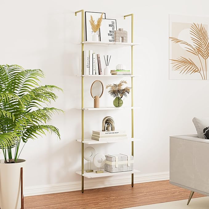 5 Tiers Ladder 2-Piece Shelf White Marble Modern Bookshelf Open Tall Wall Mount Bookcase Standing Leaning Wall Shelves Industrial Decorative