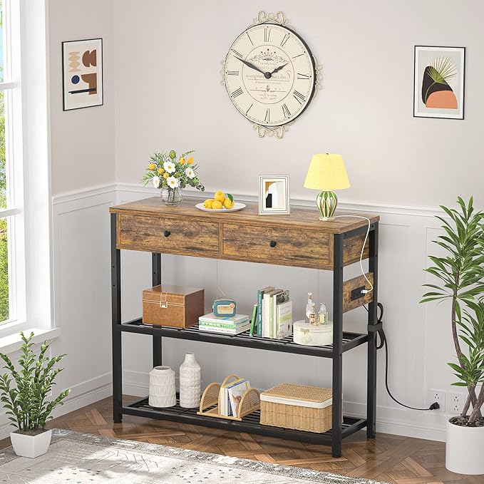 Ecoprsio Entryway Table with Outlets and USB Ports, Console Table with 2 Drawers, Small Sofa Table with Storage Shelves for Living Room, Couch, Hallway, Foyer, Kitchen Counter, 32'', Rustic
