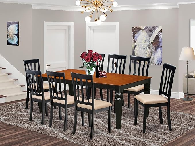East West Furniture LGAN9-BCH-C 9 Piece Dining Set Includes a Rectangle Dining Room Table with Butterfly Leaf and 8 Linen Fabric Upholstered Chairs, 42x84 Inch, Black & Cherry