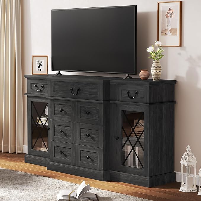 YITAHOME Television Stand for 65/55 Inch TV, Farmhouse TV Stand with 9 Drawers, Adjustable Shelves and Tempered Glass Doors, Entertainment Center TV Media Console for Living Room, Dark Grey