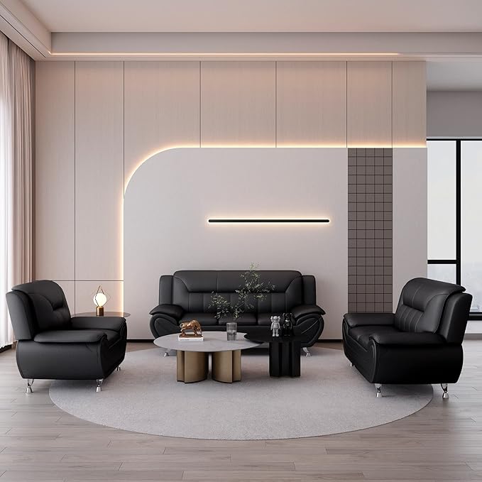 Container Furniture Direct Michael Modern Faux Leather Upholstered Stainless Steel Legs Living Room, Chair, Loveseat, Sofa, Black