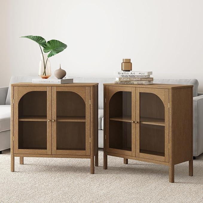Nathan James Mason TV Stand, Free Standing Accent Sideboard Buffet, Credenza with Glass Doors and Adjustable Shelf in Brushed Light Brown Wood for Dining Room, Entryway and Living Room, Set of 2