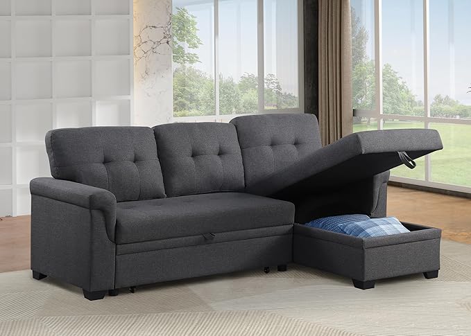 Ball & Cast L-Shape Reversible Sectional Sleeper Sofa Bed 4 in 1 Pull Out Couch with Storage Chaise & Removable Back Cushions,Convertible Sleeper Corner Couch Pull-Out Sofa Bed for Living Room,Office