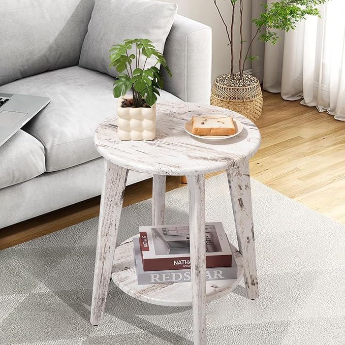 Farmhouse Round Side Table Rustic White Wooden End Table with Lower Shelf Vintage Nightstand Beside Table for Living Room Bedroom Small Spaces