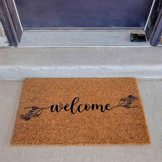 Funny Coir Doormat with Welcome Floral Design Botanical Theme - Front Door Mat, Entryway Welcome Mat, 23.7 x 15.7 inch