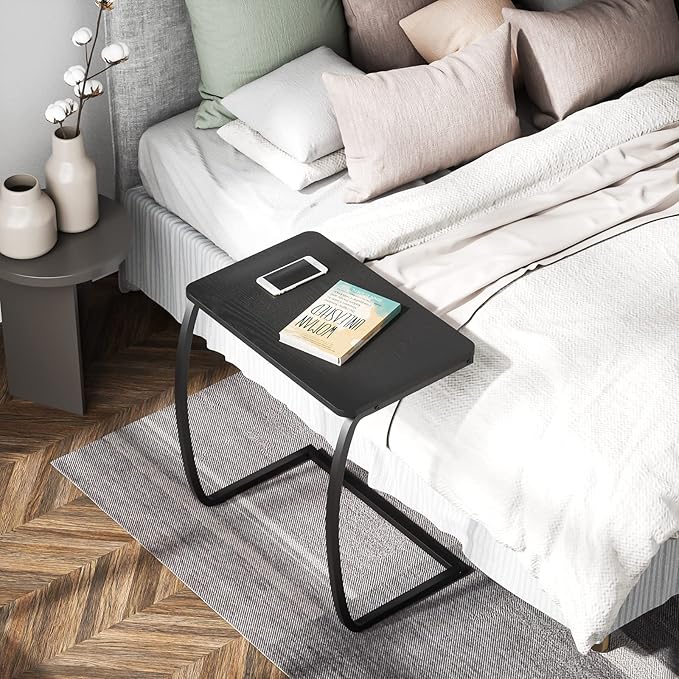 SRIWATANA Side Table, End Table, Vintage C-Shaped Couch Table for Sofa Laptop Coffee Snack, Black