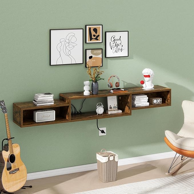 IBUYKE 71" Floating TV Stand Wall Mounted with Power Outlet,Wood Wall Mounted Media Console Shelf,Floating Entertainment Center for Under TV Storage for Living Room Bedroom Office,Rustic Brown WST008H