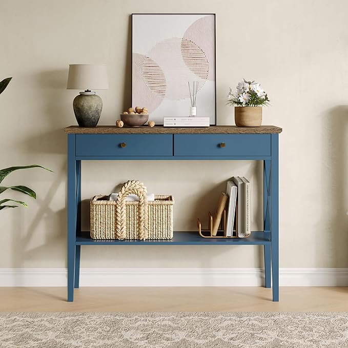 ChooChoo 47.24" Console Table with Drawers, Narrow Wood Accent Sofa Table Entryway Table with Storage Shelf for Entryway, Front Hall, Hallway, Living Room, Blue