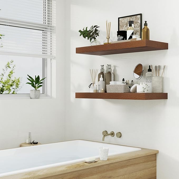 12" Deep Walnut Floating Shelves,Over Toilet Long Wall Mounted Modern Farmhouse 36 inches,Wall Shelves with Invisible Brackets for Bedroom, Bathroom, Living Room, Kitchen, Set of 1