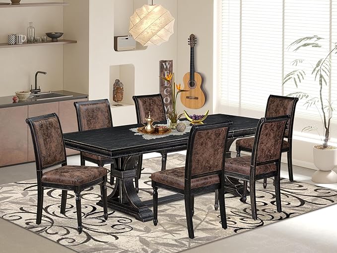 LECY7-SBB-33 7-Piece Modern Dining Table Set Includes a Kitchen Table and 6 Brown Textured Polyester Fabric Dinner Chairs with High Back - Sand Blasting Black Finish
