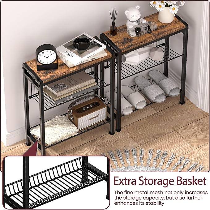 Narrow Side Table for Small Space, 3-Tier End Table with Magazine Holder,Slim Nightstand with Wire Shelf, Skinny Bedside Table in Living Room, Bedroom, Study, Kitchen and Balcony (Rustic Brown)