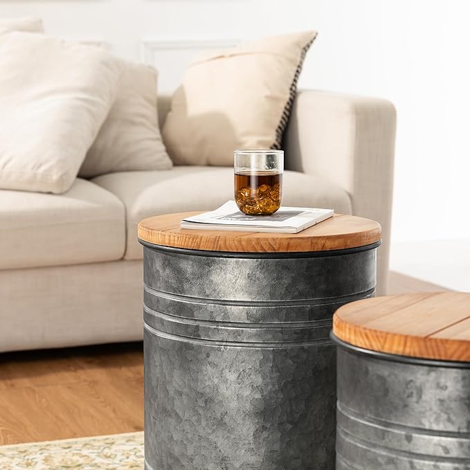 Glitzhome Farmhouse Accent Side Table, Metal Storage Stool Ottoman with Round Lid - Galvanized Coffee Cocktail End Tables Set of 2 for Living Room Bedroom, Grey