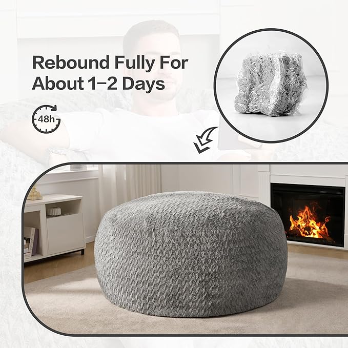 Hobestluk 5ft Bean Bag Chairs for Adults Large Beanbag Chair with Chevron Plush Fur Cover Big Bean Bag Chair for Living Room Bedroom Dorm Office - Grey (50” x 50” x 24”)