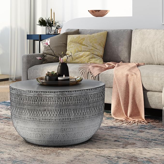 SIMPLIHOME Johnsen 30-inch Wide Metal Drum Coffee Table in Antique Silver, Boho-Style Cocktail Table for Living Room or Family Room, Assembled