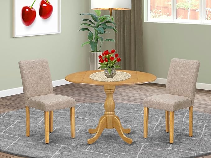 East West Furniture DMAB3-OAK-04 3 Piece Kitchen Table Set Contains a Round Dining Room Table with Dropleaf and 2 Light Tan Linen Fabric Parsons Dining Chairs, 42x42 Inch, Oak