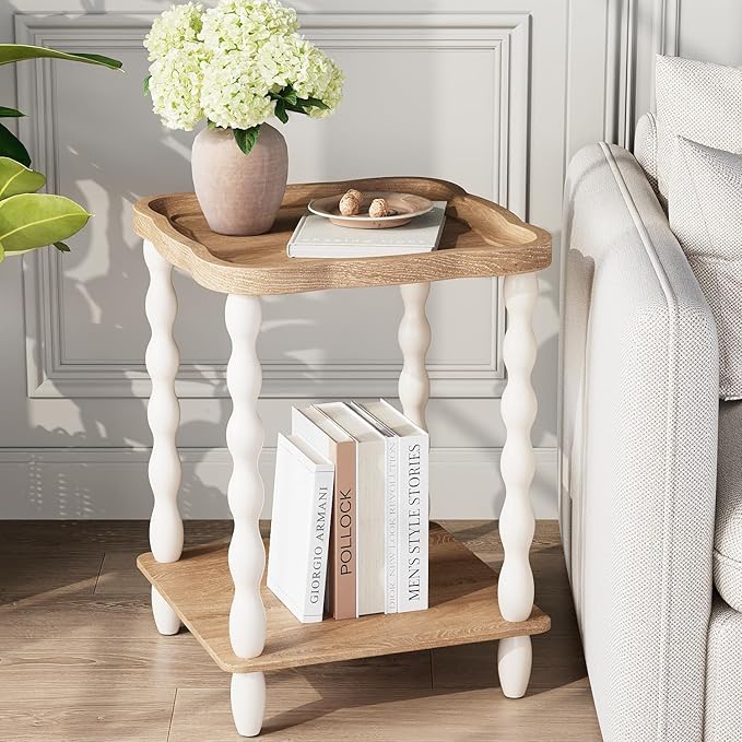 karlott End Table, 2-Tier Farmhouse Side Table, 18.9'' Handcrafted Weathered Wooden Nightstand Table, Pine Leg, Square Arc Small End Tables for Living Room, Small Space, Bedroom, Boho, Easy Assembly