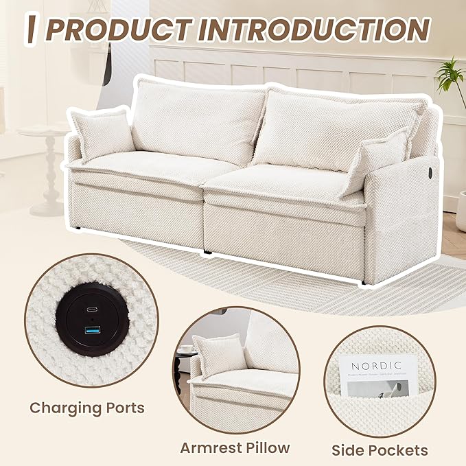 Furnimart 73.6" King Size Pull Out Sofa Bed, 3 in 1 Convertible Sleeper Bed with USB/C-Type Charging Ports & Side Pockets, Modern Futon Couch for Living Room, Apartment, Bedroom, Corduroy White