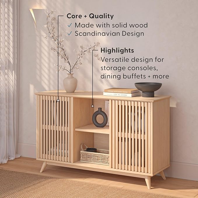 Plank+Beam Mid-Century Modern Wood TV Stand, Solid Wood Entertainment Console with Storage, 49" L x 16" W x 30" H, Blonde