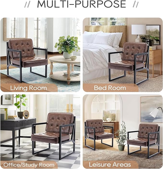 COLAMY Mid Century Modern Accent Chair Set of 2, Comfy Living Room Chair, Brown Leather Accent Chair, Faux Leather Reception Armchair with Metal Legs for Living Room Bedroom Reception Office, Brown