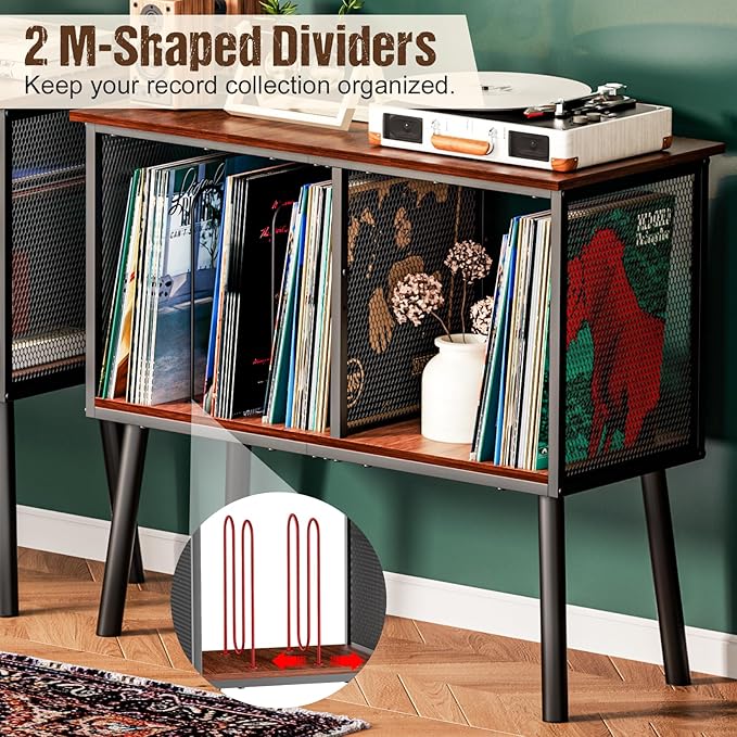 Record Player Stand with Adjustable Divider, Vinyl Storage Holder Up to 200 Albums, Mid-Century Large Record Player Table, Vinyl Holder Turntable Stand End Table Storage Rack for Bedroom & Living Room