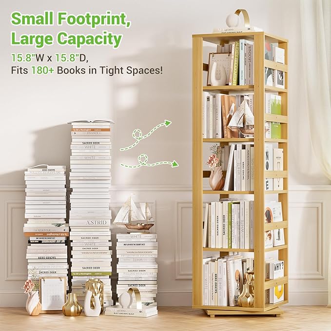 Homykic Rotating Bookshelf, Bamboo 360 Display Spinning Bookshelf Tower, 5-Tier Small Corner Bookcase for Small Spaces, Narrow Revolving Book Shelf Organizer Rack for Home Office, Natural