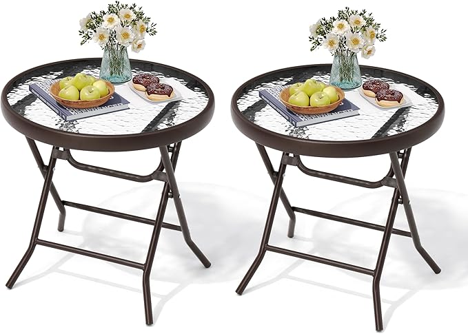 Foldable Patio Side Table Set of 2 with Tempered Glass Top 18" Folding Outdoor Side Tables Set of 2 Small Glass Patio End Tables for Porch Yard Balcony Deck Lawn Dining Garden (Brown)