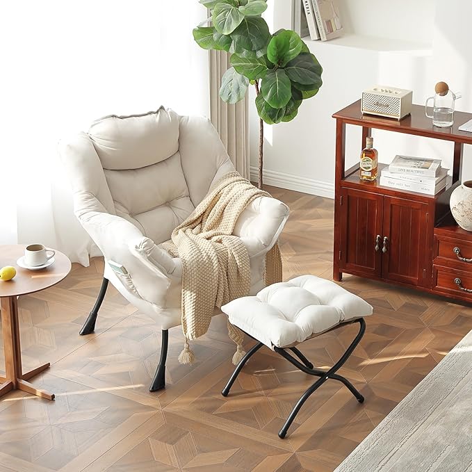 Lazy Chair with Folding Ottoman, Modern Accent Lounge Armchair with Armrests and a Side Pocket & Foldable Footstool, Leisure Reading Chair for Living Room, Bedroom, Dorm & Office, Beige