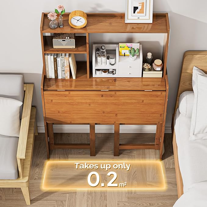 31.1" Bamboo Folding Desk with Bookshelf, Compact Computer Desk for Small Spaces, Foldable Study Table with Storage Shelf, Space-Saving Home Office Table for Bedroom, Dorm, Apartment,Brown