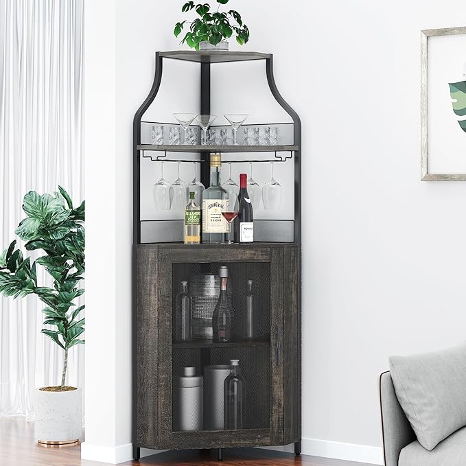 GAOMON Rustic Modern Corner Wine Cabinet, 5-Tiers Liquor Cabinet with Glass Holder, Industrial Bar Cabinet for Home, Dark Rustic Oak, 13.4"D x 18.5"W x 61"H